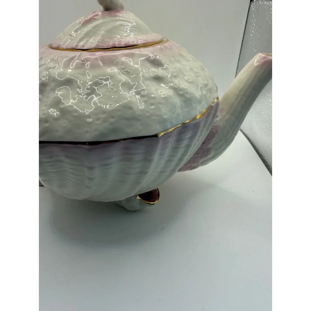 Belleek Ireland Neptune Shell Teapot Pink White Gold Trim Parian China